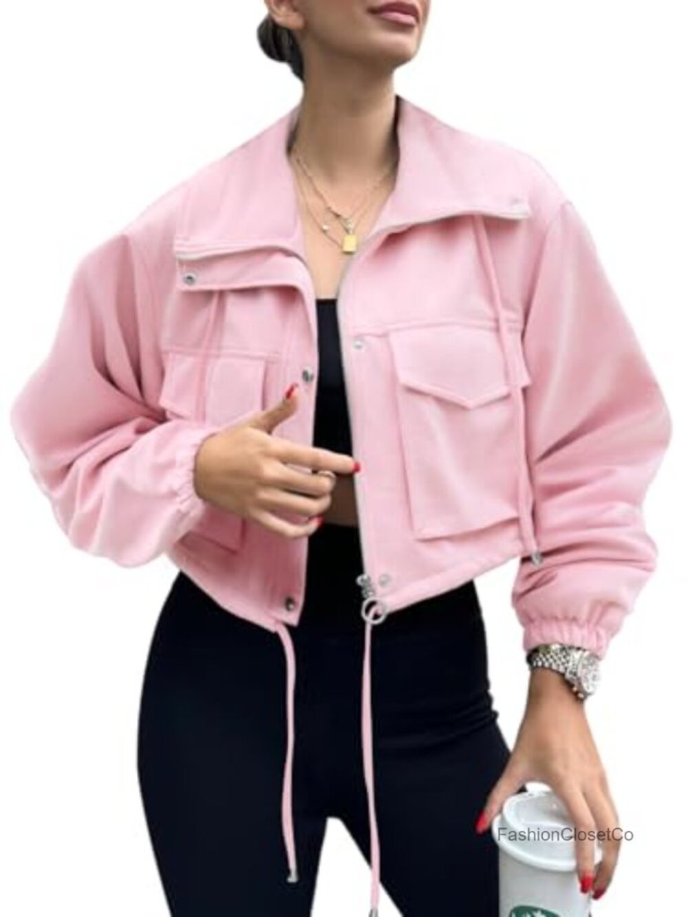 Faux Suede Cropped Utility Jacket Zip Up Anorak with Pockets